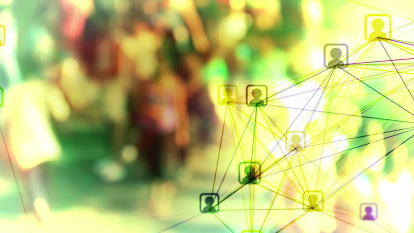 Social network loop with crowd background. Connected avatar icons over slow motion defocused crowd of people. Representing social media marketing, online communities and user groups, teamwork etc. Royalty-Free Stock Footage #6964783