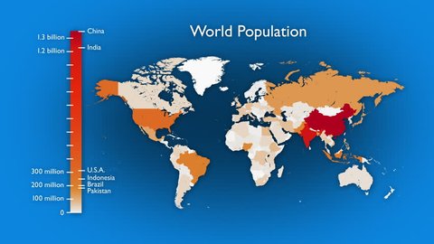 Animated map of world population by country. Two versions: One has a rising bar graph and text, the other has no legend or labels. In 4K ultra HD and smaller sizes.