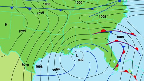 Animated weather forecast map of south east United States of America with isobars, cold and warm fronts, high and low pressure systems. In 4K ultra HD and smaller sizes.