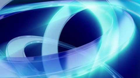 Loop animation of blue shining 3D glass rings. Modern background of smooth curves with light rays, highlights and reflections. In 4K ultra HD and smaller sizes.