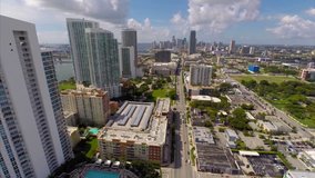 Aerial drone video of Miami by Biscayne Boulevard at Downtown 