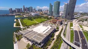 Aerial video of Downtown Miami and Museum Park