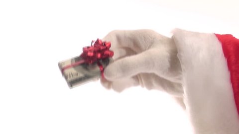 Generous Santa gives gift wrapped in one hundred dollar bill V2