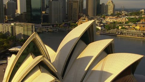 SYDNEY, AUSTRALIA - CIRCA SPRING 2013 - Wide aerial shot of the Sydney Habour heading south  Sydney Opera House, Sydney, Circular Quay, City, CBD, The Rocks, Botanic Gardens