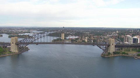 Wide aerial shot of the Sydney Harbour Bridge from east to west  Sydney Harbour Bridge, Sydney Opera House