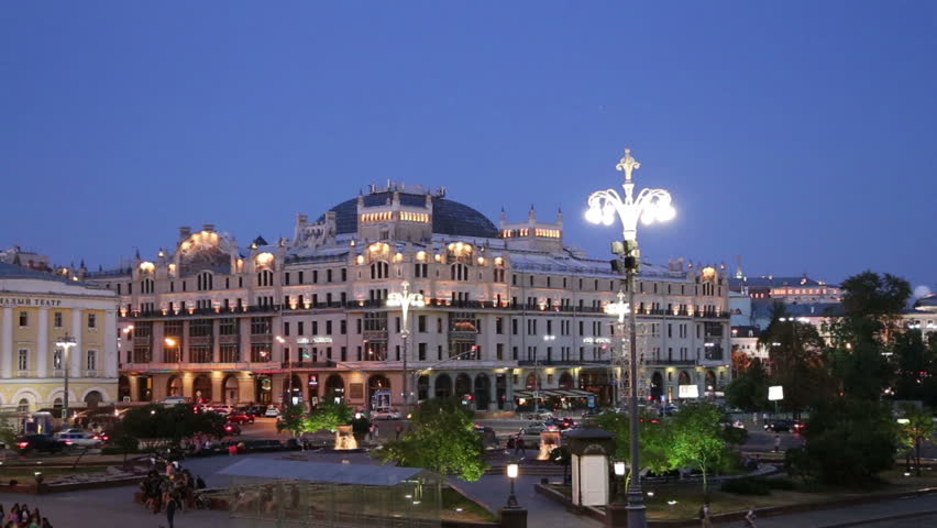 Historic building in the center of Moscow (Metropol Hotel) at night, Russia