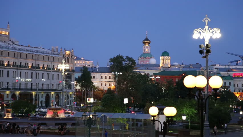 Theatre Square (Teatralnaya Square) near the Bolshoi Theatre at night, Moscow, Russia 
