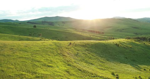 Aerial View. Sunset. Flight over a green grassy hills. Altai Mountains, Siberia, Russia. Summer 2013. 4K resolution.