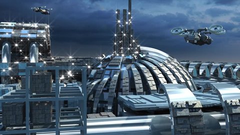 Science fiction cityscape with metallic structures, marina and hoovering jets for futuristic or fantasy animated backgrounds