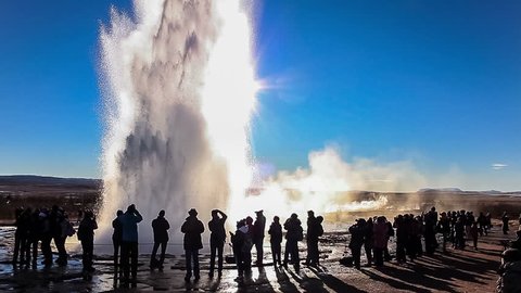 Erupting geyser Strokkur in Iceland (slow motion).
Strokkur is a fountain geyser in the geothermal area beside the Hvítá River in southwest Iceland. Strokkur is part of Haukadalur geothermal area.