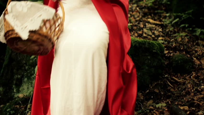 Happy red riding hood sitting with basket in the forest
