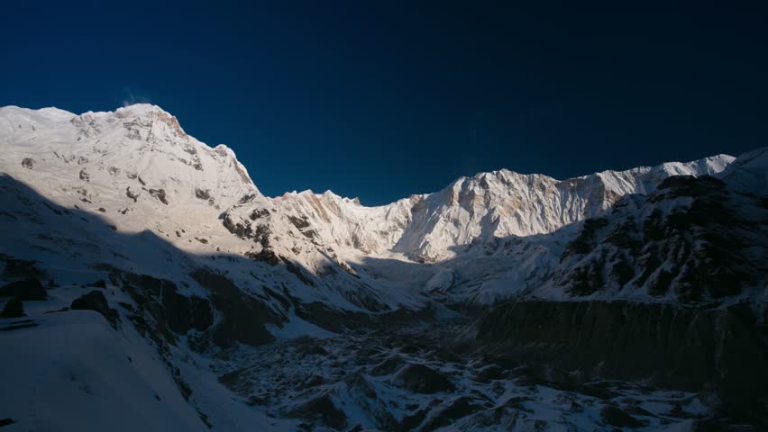 4k Timelapse of a sunrise at Annapurna base camp (4130m), Himalaya mountains, Nepal. 