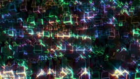 Glowing disco cubes particles is seamless loop ready for use in VJ mix, stage design, music video, audio-visual show, video mapping projections, presentations, events and broadcast design.