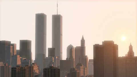 Lower Manhattan w/ WTC Aerial at Sunset
This is a CG animation of Lower Manhattan with the original towers of the World Trade Center.
