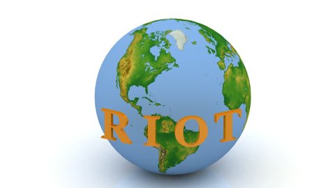 Riot inscription orange lettering rotating around the earth. Footage 1920x1080
