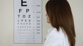 Doctor wear a glasses in front of eye chart