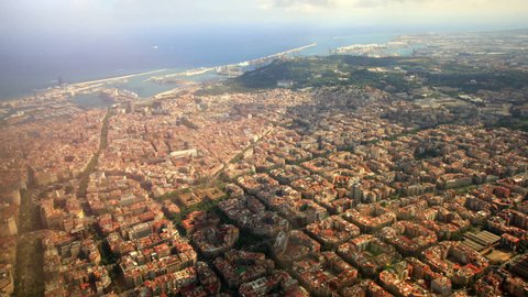 Areal/ Helicopter view of apartment buildings in Barcelona