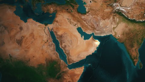 Earth Zoom to the Middle East. Longer Version. 4K Broadcast quality animation. Rendered at 32-bit float depth.