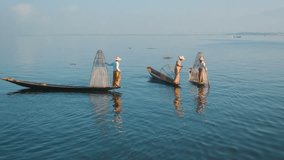 Video 1080p - Myanmar. Inle Lake. Fishermen on vintage boats