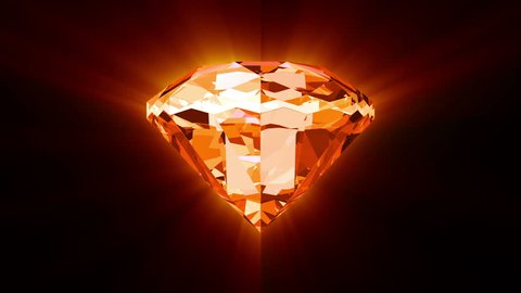 Animation of slowly rotation single perfect diamond with glossy mirror surface with sparkling highlights on colorful shine background. Red color. Animation of seamless loop.