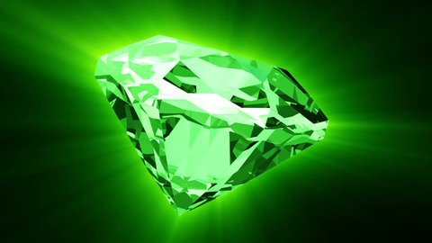 Animation of slowly rotation single perfect diamond with glossy mirror surface with sparkling highlights on colorful shine background. Green color. Animation of seamless loop.
