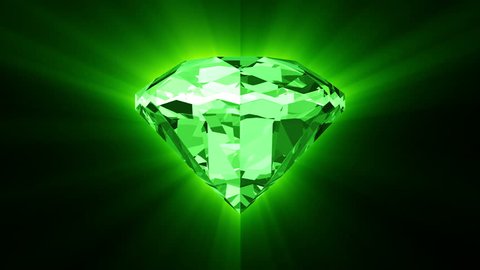 Animation of slowly rotation single perfect diamond with glossy mirror surface with sparkling highlights on colorful shine background. Green color. Animation of seamless loop.