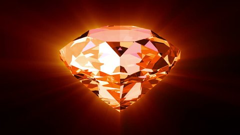 Animation of slowly rotation single perfect diamond with glossy mirror surface with sparkling highlights on colorful shine background. Red color. Animation of seamless loop.