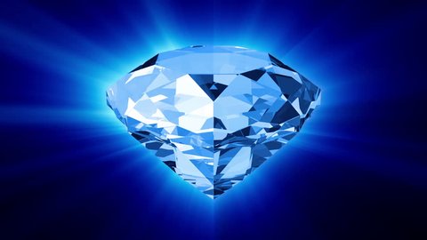 Animation of slowly rotation single perfect diamond with glossy mirror surface with sparkling highlights on colorful shine background. Blue color. Animation of seamless loop.
