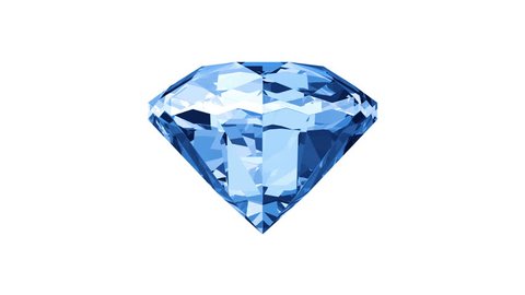 Animation of slowly rotation single perfect diamond with glossy mirror surface with sparkling highlights on colorful shine background. Blue color. Animation of seamless loop.