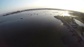 Compo Beach flyover aerial footage. Westport, Connecticut USA. Circa 2014. New England beauty shot.