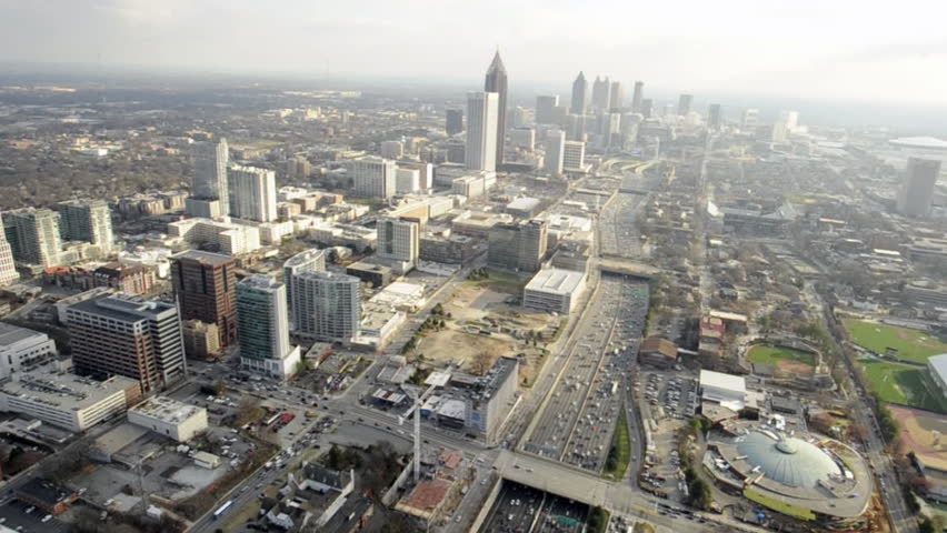 Atlanta skyline aerials. HD steadicam establishing shot. Atlanta, Georgia/USA: February 6, 2012.