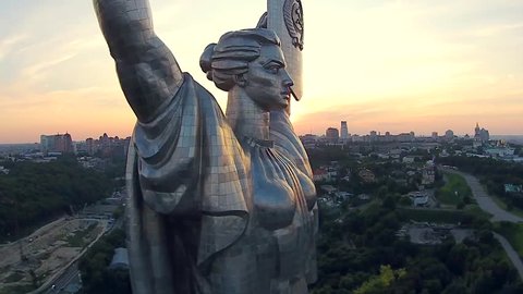 Kiev City - the capital of Ukraine. Kyiv. Mother Motherland, The monument is located on the banks of Dnieper River. Kiev, Ukraine Aerial view 1920x1080 video footage