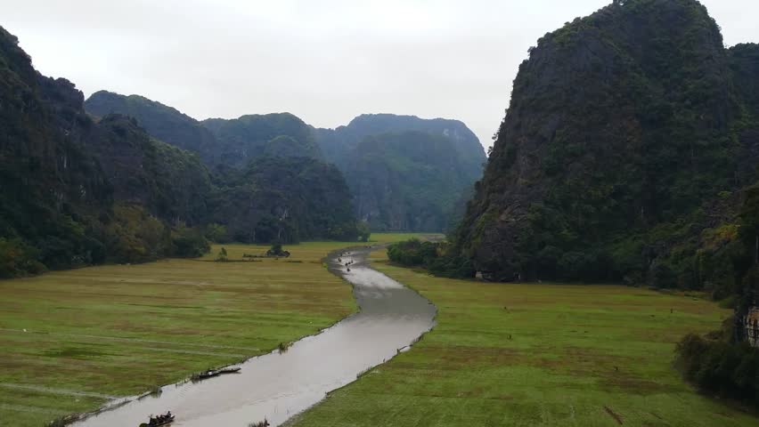 Countryside nature of Vietnam. Mountains, rice fields and river twists 