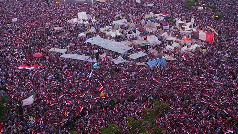 Overhead view as protestors jam Tahrir Square in Cairo, Egypt.