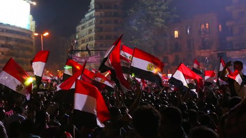 Protestors wave the Egyptian flag in Cairo, Egypt at a large nighttime rally.