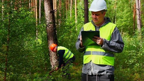 Forest Officer in forest with worker behind