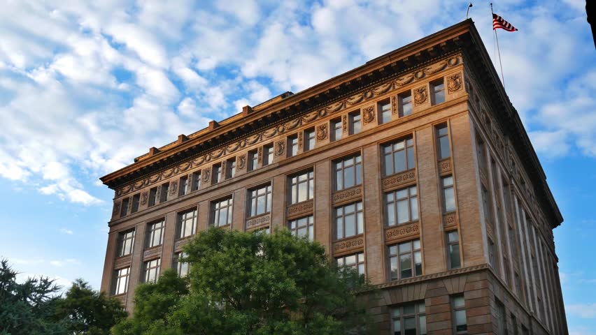 An establishing shot of an old building in Pittsburgh.
