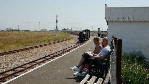 Steam Train arriving at Dungeness Station, Romney, Hythe & Dymchurch Railway ( RH&DR ), Dungeness, Kent, England, United kingdom - July 2014