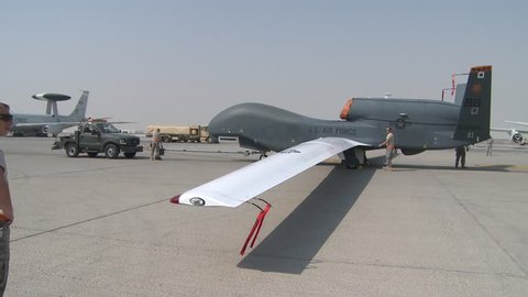 CIRCA 2010s - American drone surveillance aircraft are rolled out an undisclosed military base in South Asia.