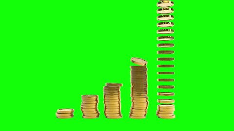 Gold coins stacking up in a column chart style. Green screen version.