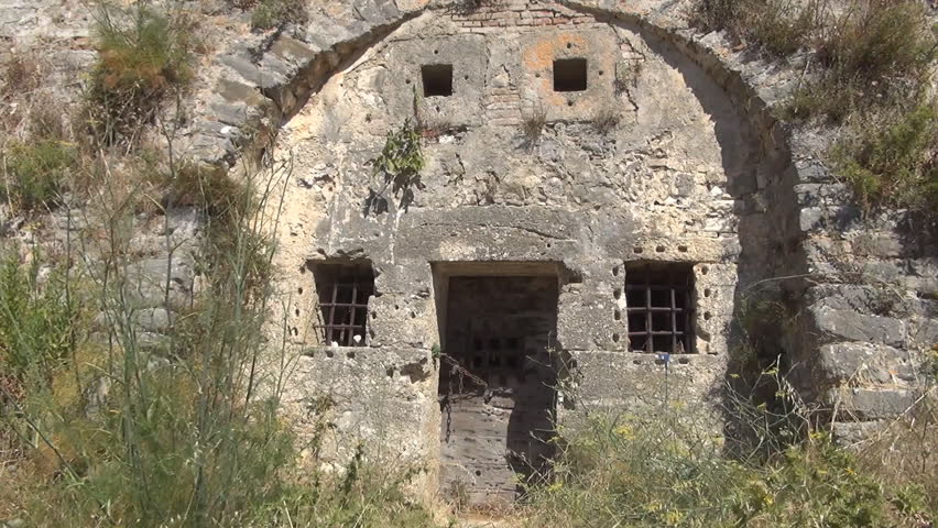 GREECE, LEFKADA ISLAND, JULY 12, 2014: AGIA MAVRA. MOORISH FORTRESS. Munition depot in medieval fortress. Ancient military construction.