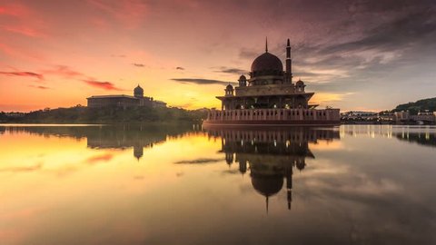 Sunrise timelapse at Masjid Putra or Putra Mosque, Putrajaya, Malaysia