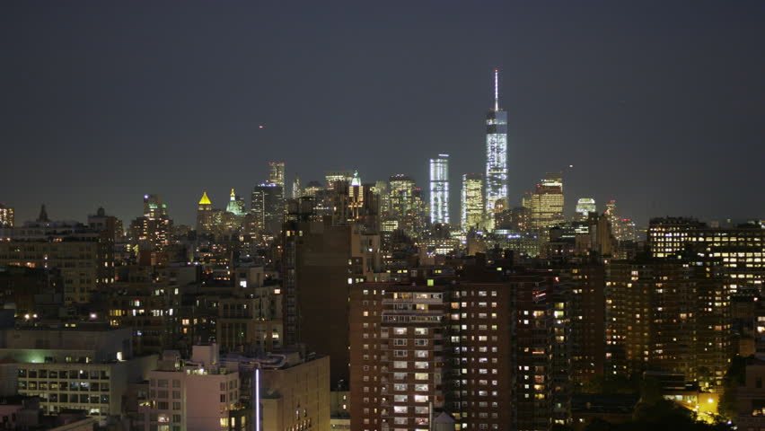 New York City Skyline looking south with Freedom tower at night
