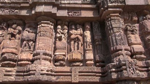 beautiful historical ancient erotic sculptures on Konark sun temple wall, Odisha, India
