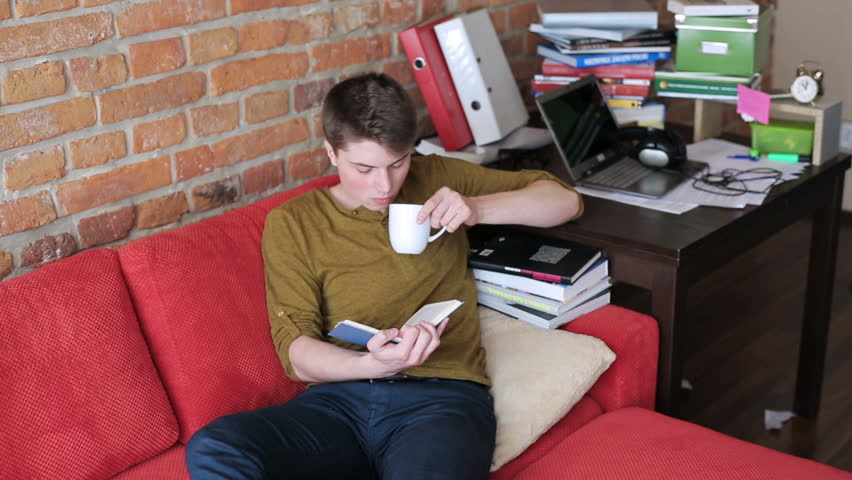 Young man reading book and drinking beverage on red sofa
