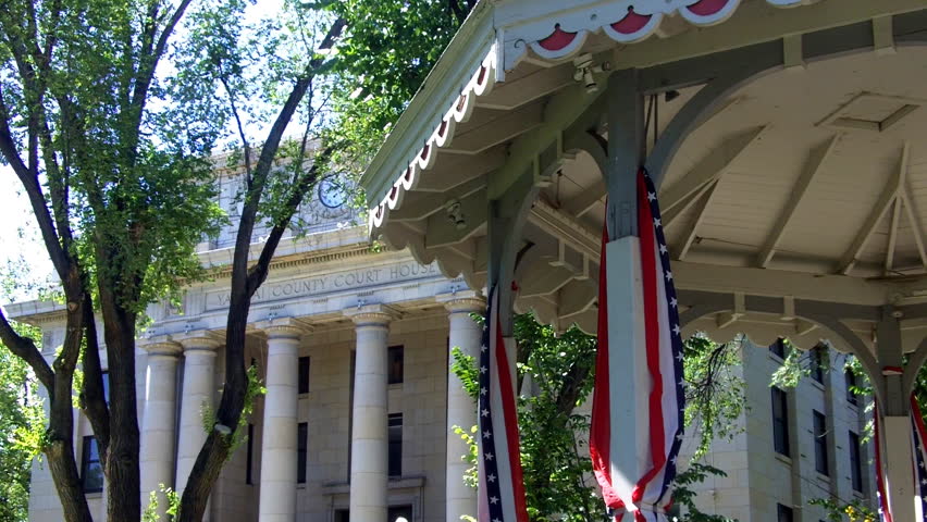 PRESCOTT, AZ: July 28, 2014- Detail shot of the historic Yavapai County courthouse and band stand circa 2014 in Prescott. This clip conjures imagery of the days of yesteryear and community gatherings.