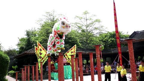 2014.8 The best Chinese lion show in Guangzhou, south China.Like acrobatics,the player of Chinese lion show must be trained for several years. Stock Video