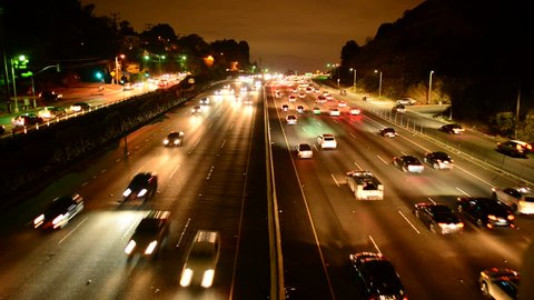 ?Rush Hour Traffic on Busy Los Angeles Freeway at Night