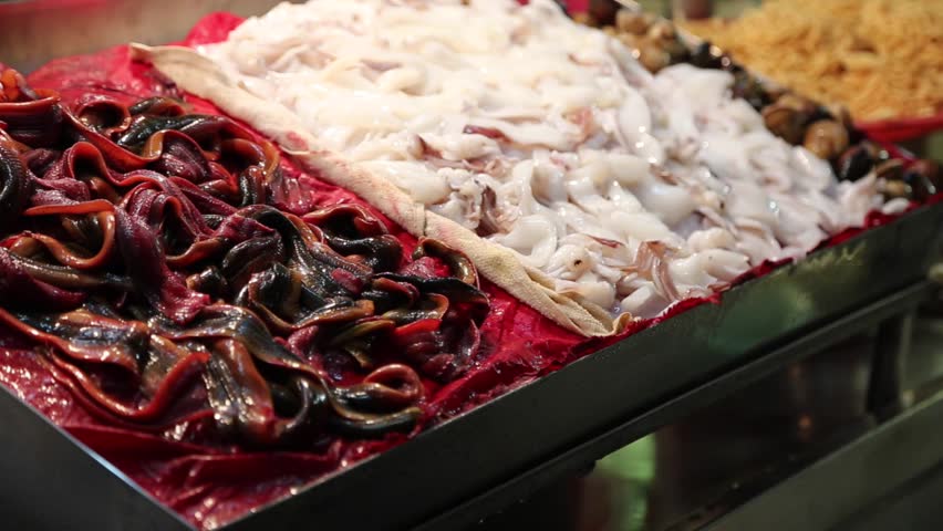 KAOHSIUNG, TAIWAN - CIRCA July 2014 :Liuhe Night Market - macro of seafood