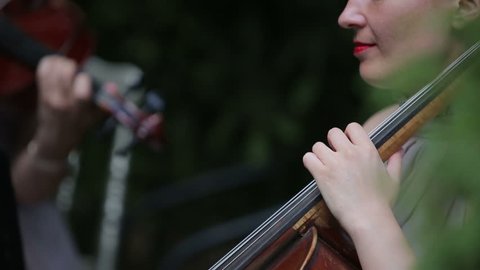 Musical quartet. Girl playing cello in a quartet of violinists. Close up. SESSION KEYWORD: uzhursky003